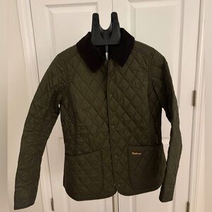 Barbour Quilted Green Jacket with Dark Brown Collar